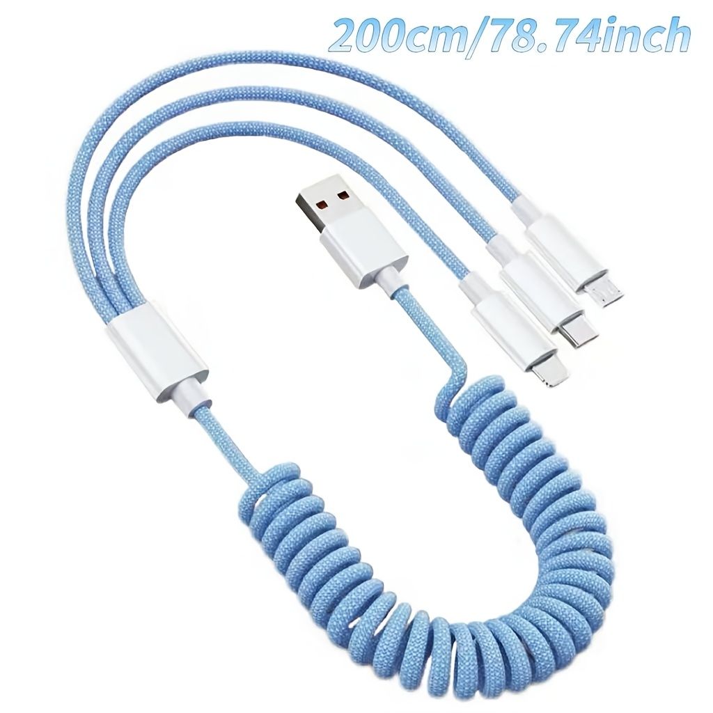 3 In 1 Blue Woven Spring Braided Charging Cable Fast Charging USB Data Cord For iPhone 16 And Typec Devices Compatible With Oppo Vivo Xiaomi Redmi And Other Smartphones Easy To Carry For Business Trip