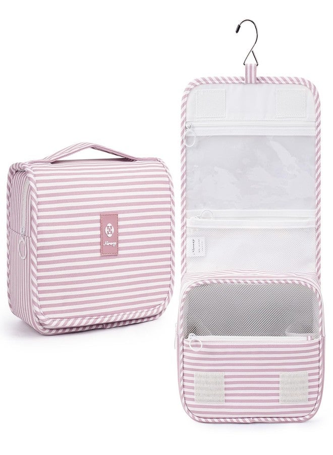Narwey Small Hanging Toiletry Bag for Travel Women Girl, Striped Toiletries Travel Bag with Hook, Hanging Makeup Bag Organizer Make Up Cosmetic Bags, Gifts for Kids Teen (Dusty Pink Stripe) - Image 1