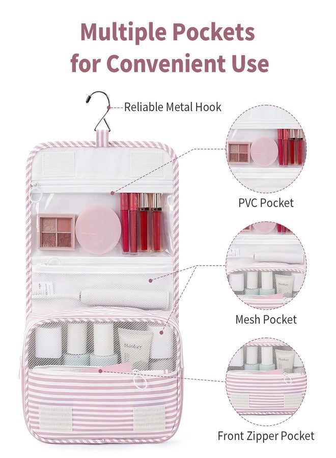 Narwey Small Hanging Toiletry Bag for Travel Women Girl, Striped Toiletries Travel Bag with Hook, Hanging Makeup Bag Organizer Make Up Cosmetic Bags, Gifts for Kids Teen (Dusty Pink Stripe) - Image 3