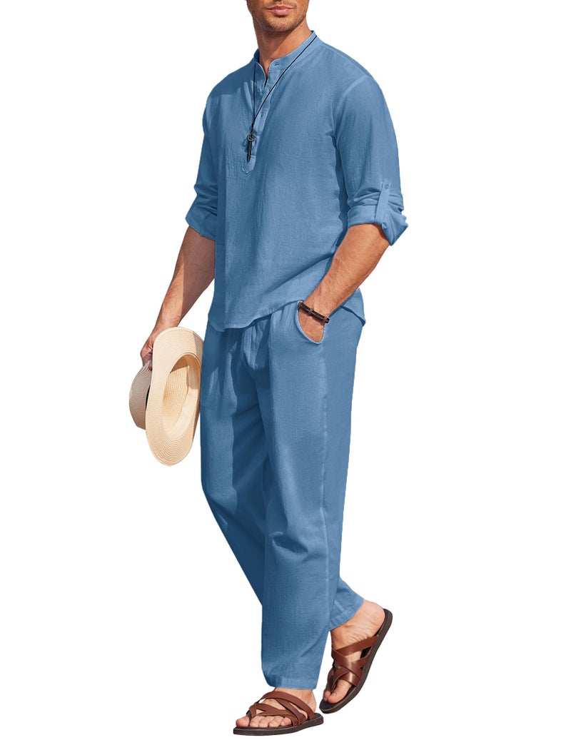COOFANDY Mens 2 Pieces Cotton Linen Set Long Sleeve Henley Shirts Casual Beach Pants With Pockets Summer Yoga Outfits - Image 2