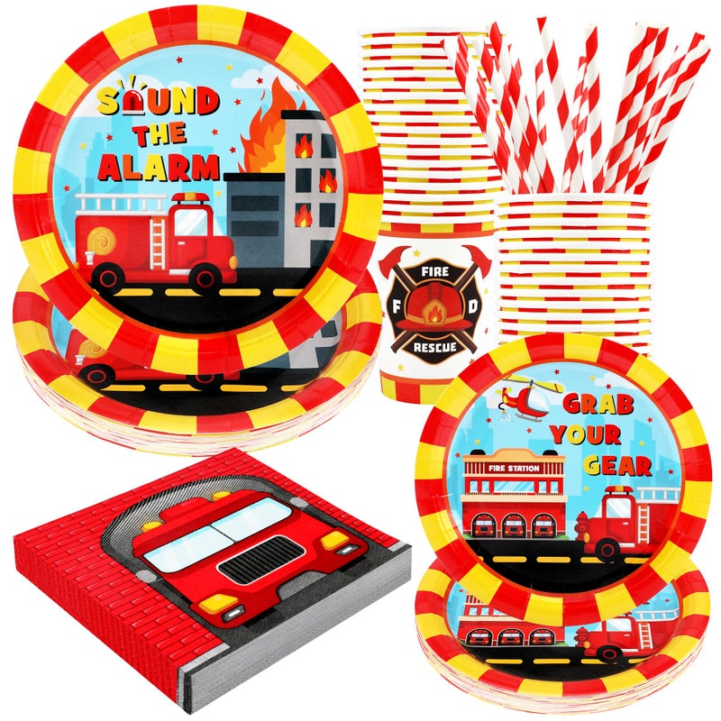 Firetruck Birthday Party Supplies Decorations Fire Truck Theme Paper Plates and Napkins Set for 24 Guests 120 Pcs Disposable Firefighter Party Dessert Dinnerwares