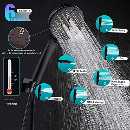 bellearly Shower Head, 10'' High Pressure Rain Shower Head with 6 Settings/Spray Handheld Shower Head Combo, 78'' Long Hose and 11'' Extension Arm, Water Temperature Reminder (Square Black Shower Heads) - Image 3