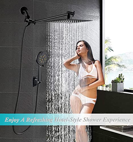 bellearly Shower Head, 10'' High Pressure Rain Shower Head with 6 Settings/Spray Handheld Shower Head Combo, 78'' Long Hose and 11'' Extension Arm, Water Temperature Reminder (Square Black Shower Heads) - Image 2