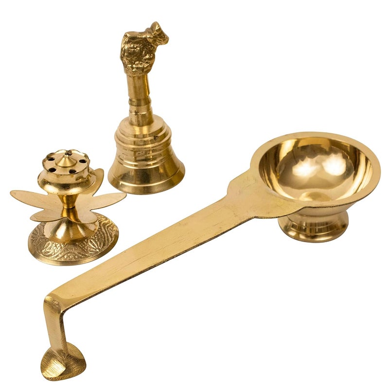 Spillbox Brass Karpur Aarti Stand Arati Stand with Brass Camphor Holder Nandi Bell Gandi for Puja LDB SET