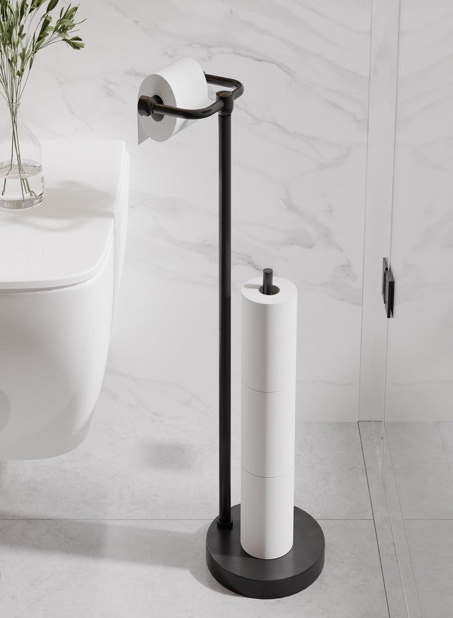 RARXTR Toilet Paper Holder Stand, Post Pivoting Design Free Standing Toilet Paper Holder with Storage for 4 Rolls, SUS304 Stainless Steel Tissue Holder with Reserve, Heavy-Duty Base (Matte Black) - Image 2