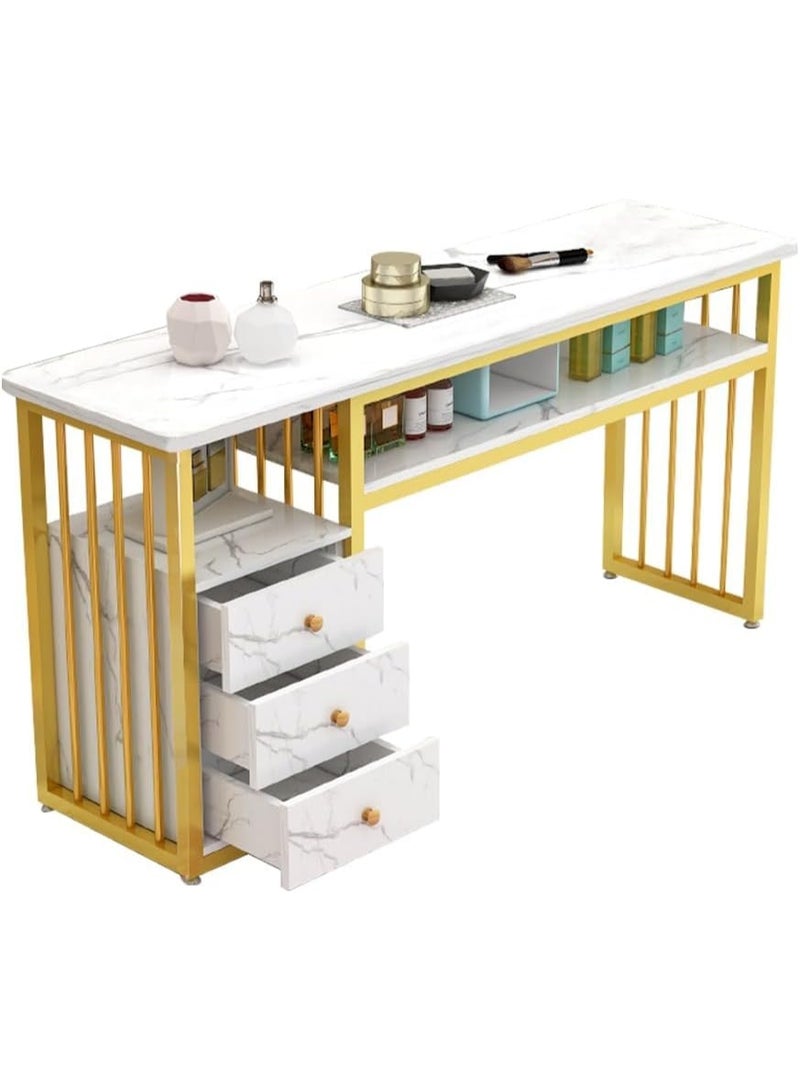 DubaiGallery DubaiGallery Manicure Table Nail Desk for Nail Art, Marbling Texture Nail Table Beauty Spa Salon Station, Nail Makeup Supplies Decor Workstation Acetone Resistant w/Handrest, Drawers 2-Tier Desktop  - Image 1