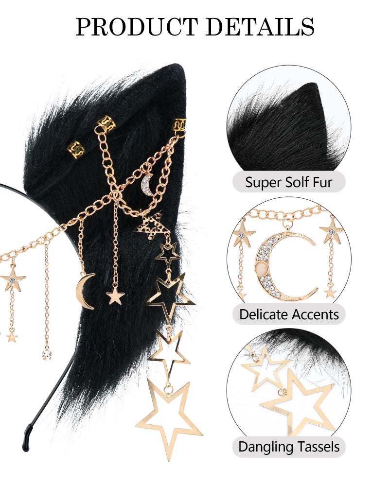 BNLIDES Handmade Furry Animal Ears Headwear Realistic Plush Adult Cosplay Accessory for Party, Anime and Convention Dress-Up (Galaxy Black) - Image 2