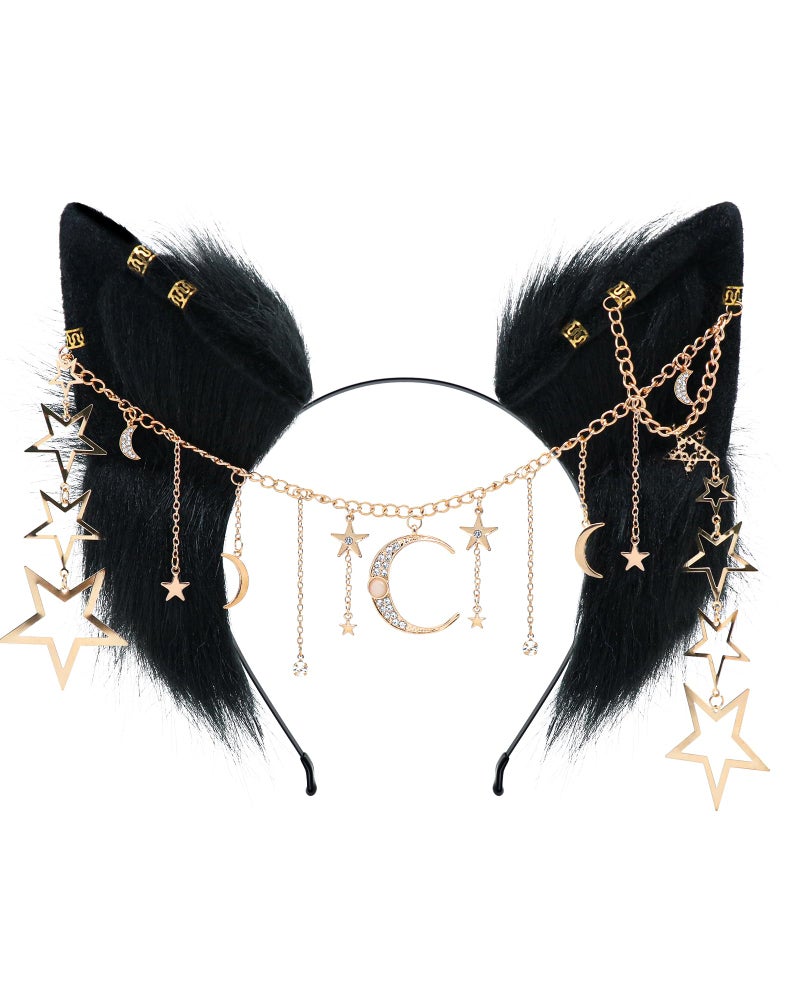 BNLIDES Handmade Furry Animal Ears Headwear Realistic Plush Adult Cosplay Accessory for Party, Anime and Convention Dress-Up (Galaxy Black) - Image 1