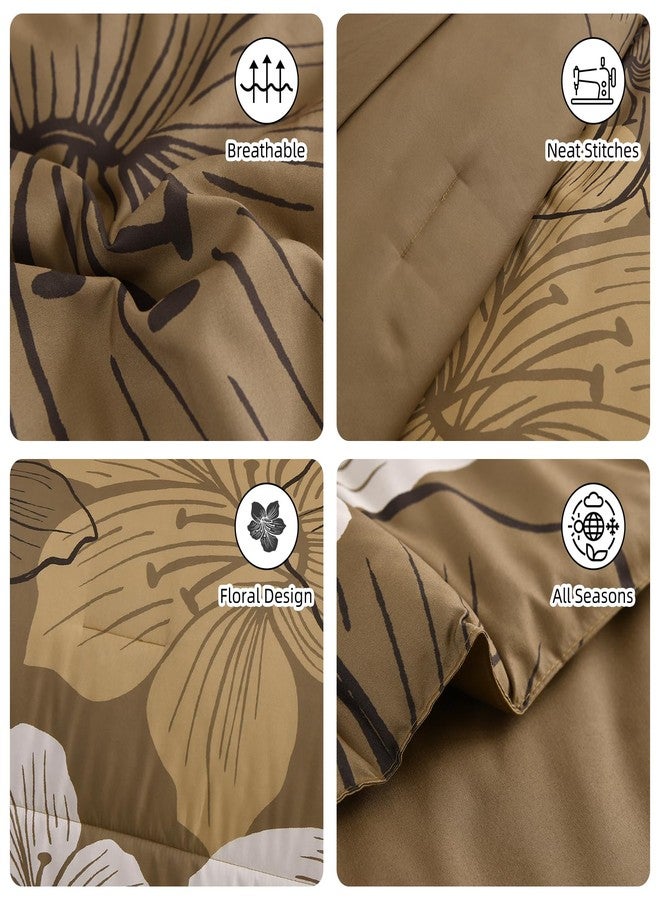 Luxudecor طقم لحاف فاخر مزين بالزهور، مقاس كوين، 7 قطع، طقم سرير متكامل، لحاف وملاءات بني مزين بالزهور، طقم مفروشات كامل من الألياف الدقيقة الناعمة لجميع الفصول - Image 5