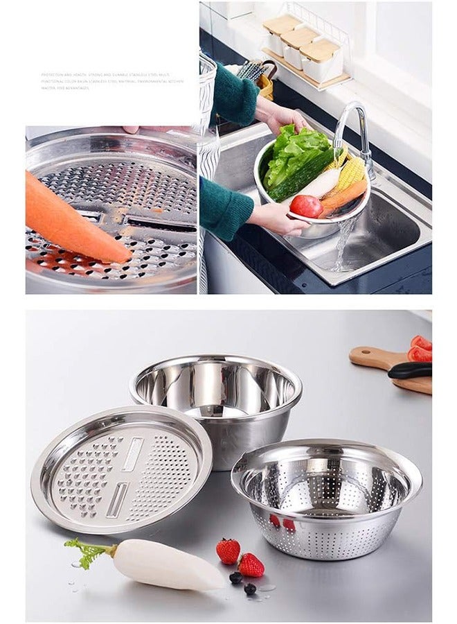 RollsTimi  Multifunctional 3-In-1 Stainless Steel Grater Basin Drain Basket Washing Bowl Set Silver - Image 3