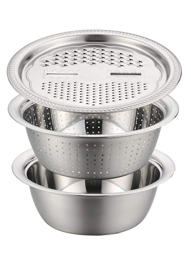 RollsTimi  Multifunctional 3-In-1 Stainless Steel Grater Basin Drain Basket Washing Bowl Set Silver - Image 1