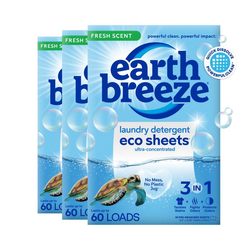Earth Breeze Laundry Detergent Sheets Fresh Scent 180 Loads Eco Liquidless Soap TravelFriendly for Hot Cold Cycles Tackles Tough Stains Odors Gentle on Skin 90 Ct 3 Pack