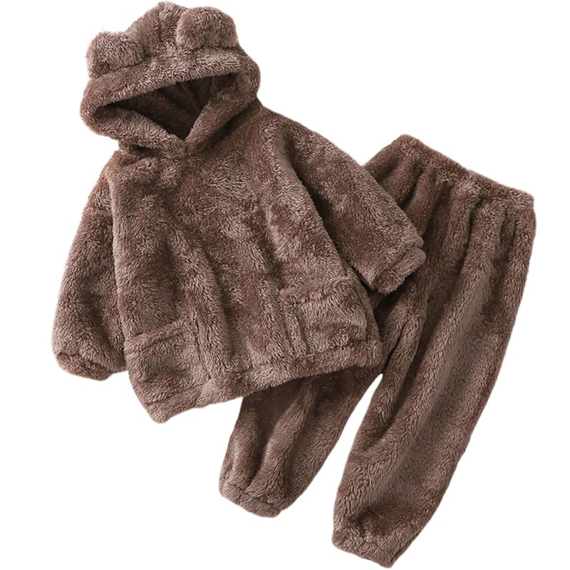 Arssm Girl Pants Sets Two Pieces Outfit Kids Bear Ear Fuzzy Fluffy Hoodie Sweatshirt with Fleece Sweatpants(Brown-4T) - Image 1