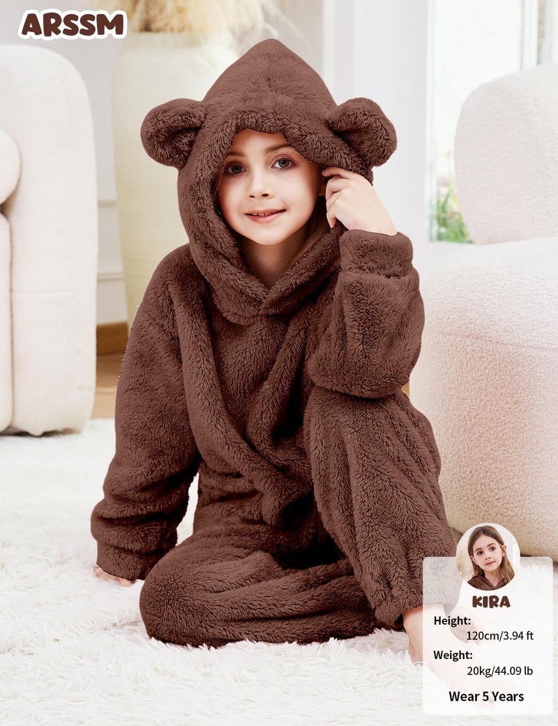 Arssm Girl Pants Sets Two Pieces Outfit Kids Bear Ear Fuzzy Fluffy Hoodie Sweatshirt with Fleece Sweatpants(Brown-4T) - Image 5