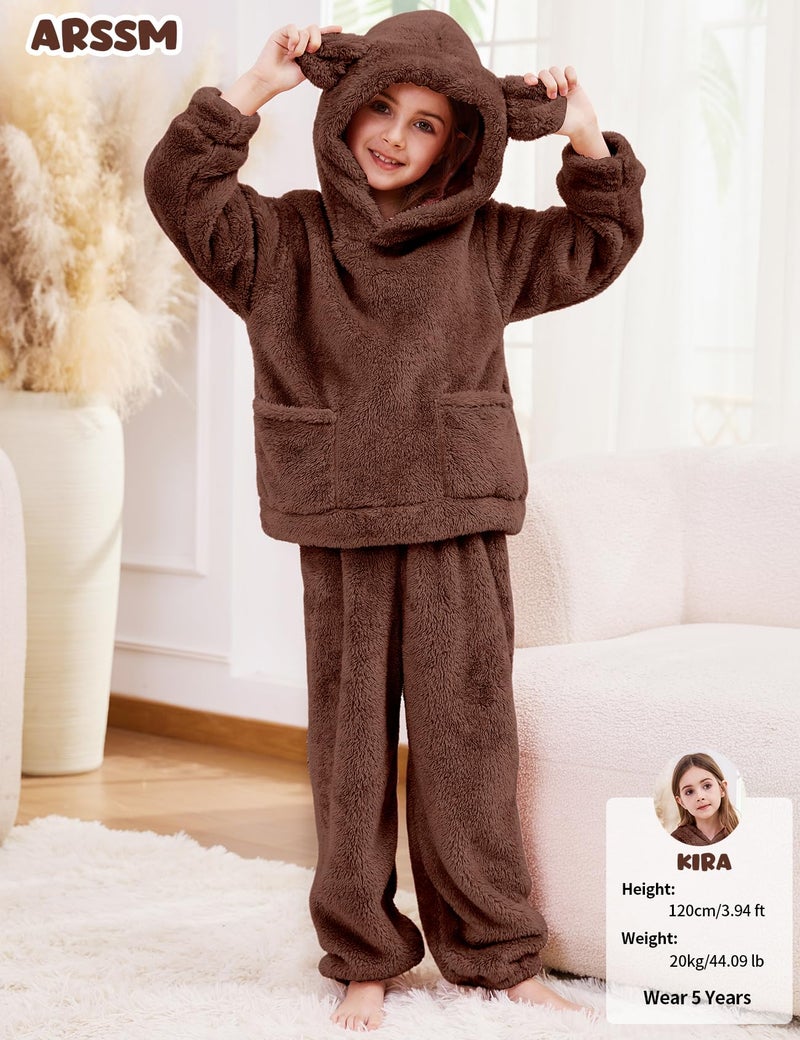 Arssm Girl Pants Sets Two Pieces Outfit Kids Bear Ear Fuzzy Fluffy Hoodie Sweatshirt with Fleece Sweatpants(Brown-4T) - Image 4