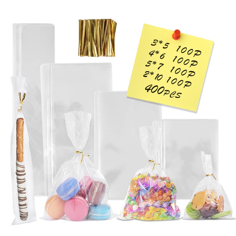 NEOACT 400 PCS Clear Flat Cellophane Treat Bags with 3x5",4x6",5x7",2x10",Treat Bags with Ties are Good for Pretzel Rods,Bakery, Cookies, Candies,Dessert. - Image 1