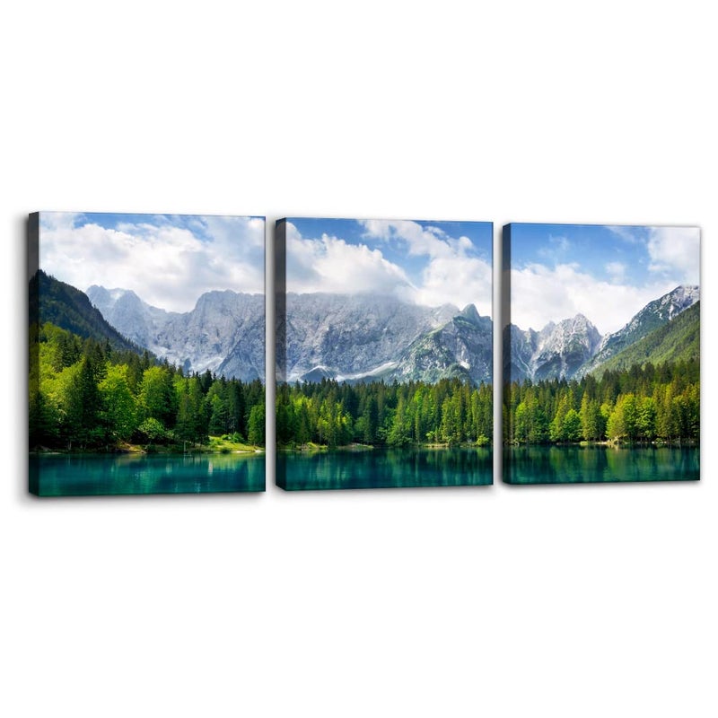 Pacimo 3 Pieces Nature Scenery Wall Art Decor Beautiful Landscape with Turquoise Lake Forest and Mountains Pictures Painting Print on Canvas Modern Artwork Stretched Framed Ready to Hang - 12"x16"x3 Panel - Image 1