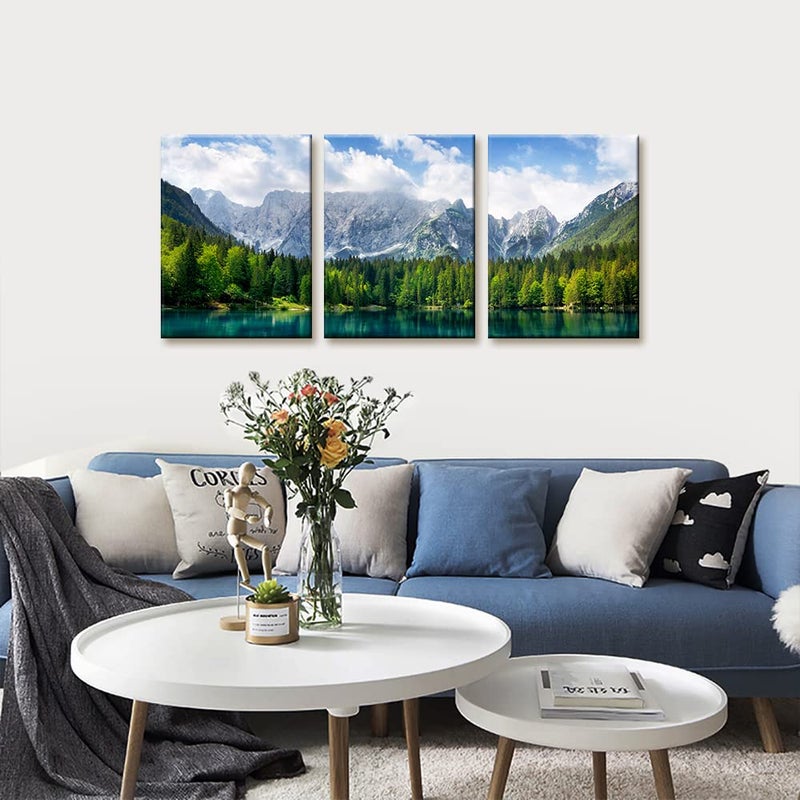 Pacimo 3 Pieces Nature Scenery Wall Art Decor Beautiful Landscape with Turquoise Lake Forest and Mountains Pictures Painting Print on Canvas Modern Artwork Stretched Framed Ready to Hang - 12"x16"x3 Panel - Image 2