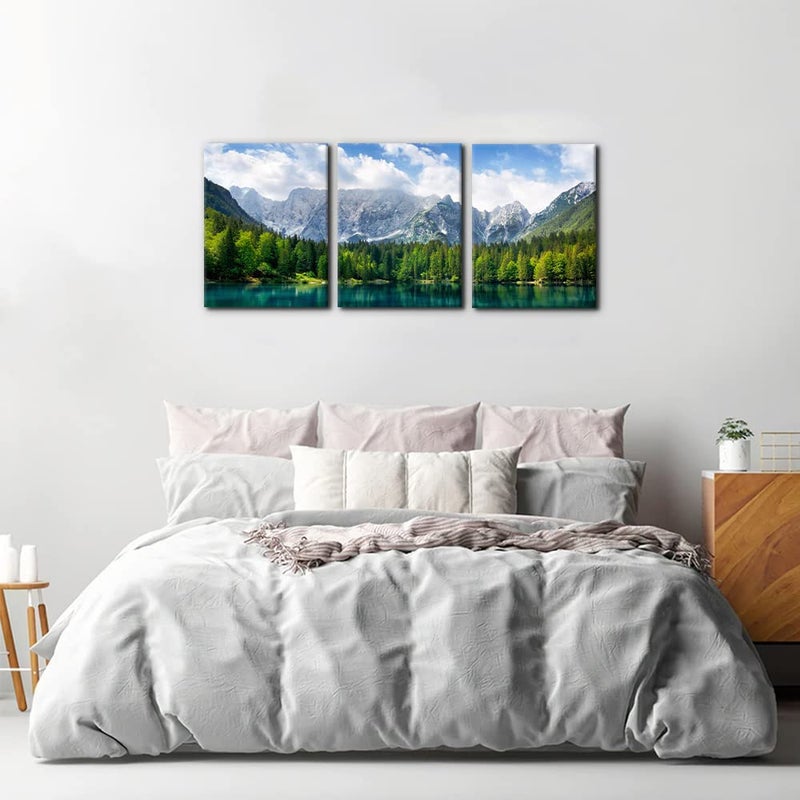 Pacimo 3 Pieces Nature Scenery Wall Art Decor Beautiful Landscape with Turquoise Lake Forest and Mountains Pictures Painting Print on Canvas Modern Artwork Stretched Framed Ready to Hang - 12"x16"x3 Panel - Image 3