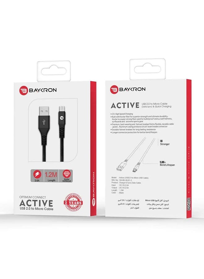 بايكرون شحن ومزامنة USB-A إلى Micro-USB ممتاز مع طبقة خارجية من ألياف الأراميد فائقة المتانة والمضادة للرصاص بطول 1.2 متر أسود - Image 4