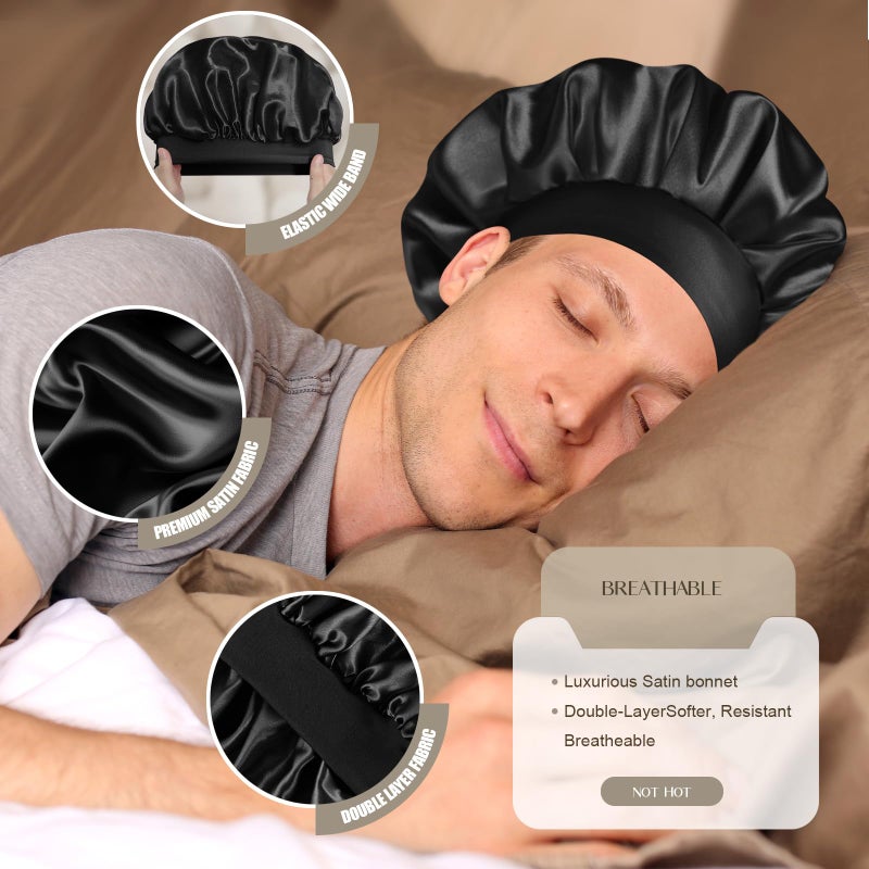 Leuceiy Satin Silk Bonnet for Men & Women, Double Layer Silk Sleep Bonnets, Soft Satin Lined Bonnet for Curly & Natural Hair - Image 3