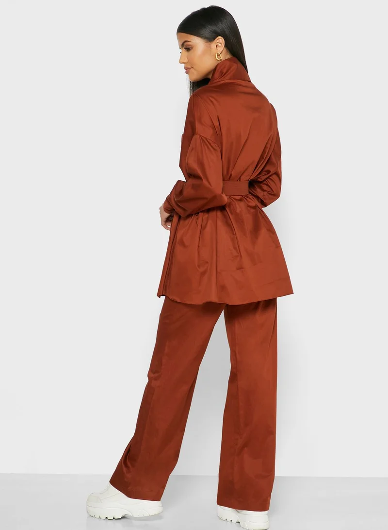 Khizana Belted Button Down Top and Wide-Leg Pants Set