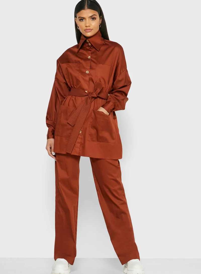 Khizana Belted Button Down Top and Wide-Leg Pants Set