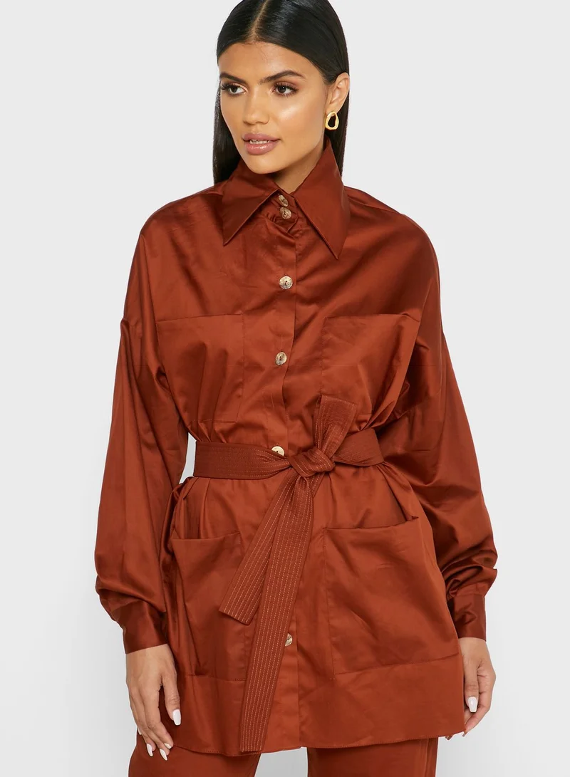 Khizana Belted Button Down Top and Wide-Leg Pants Set