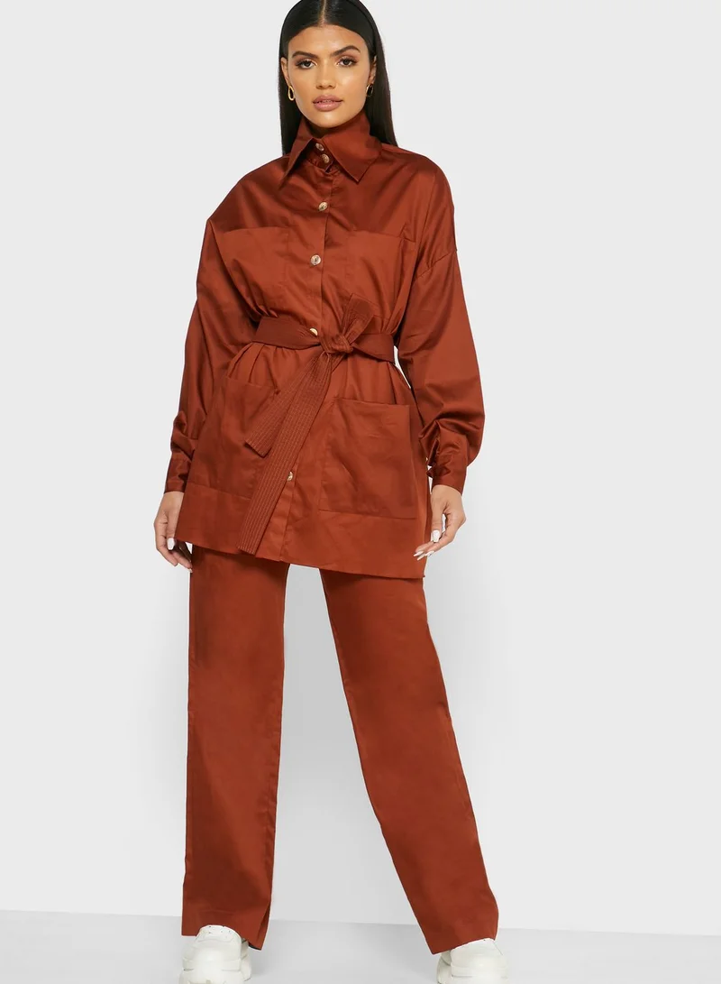 Khizana Belted Button Down Top and Wide-Leg Pants Set