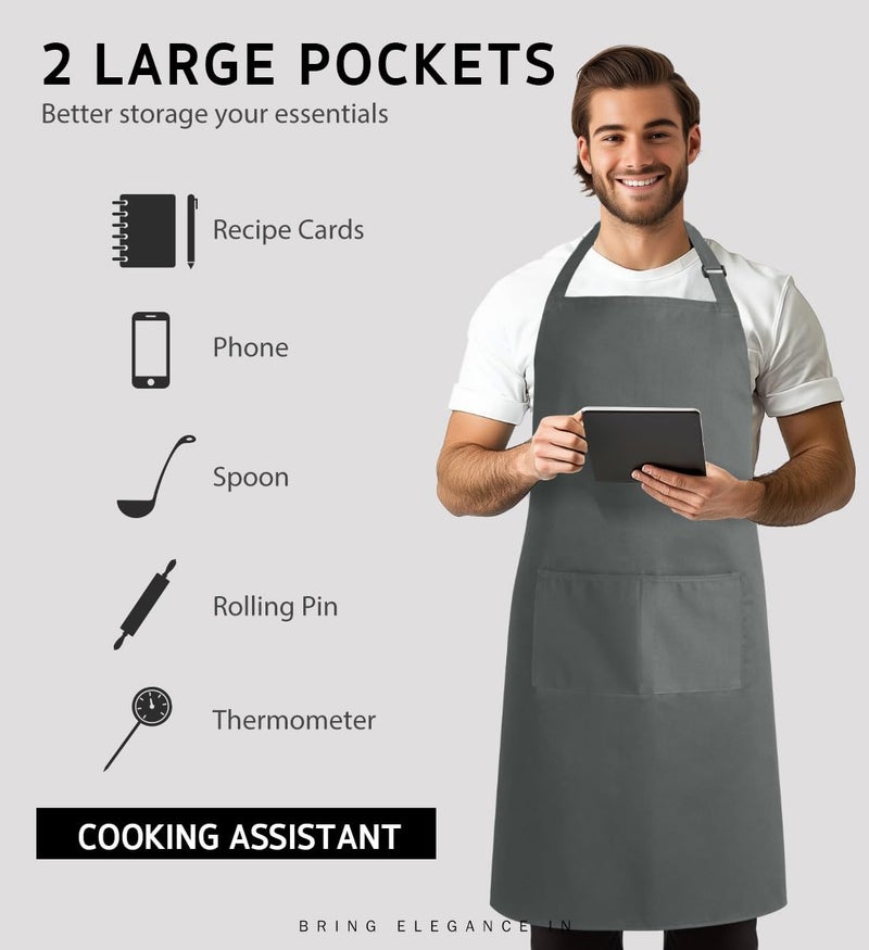 Syntus 2 Pack Adjustable Bib Apron Waterdrop Resistant with 2 Pockets Cooking Kitchen Aprons for BBQ Drawing, Women Men Chef, Grey - Image 4