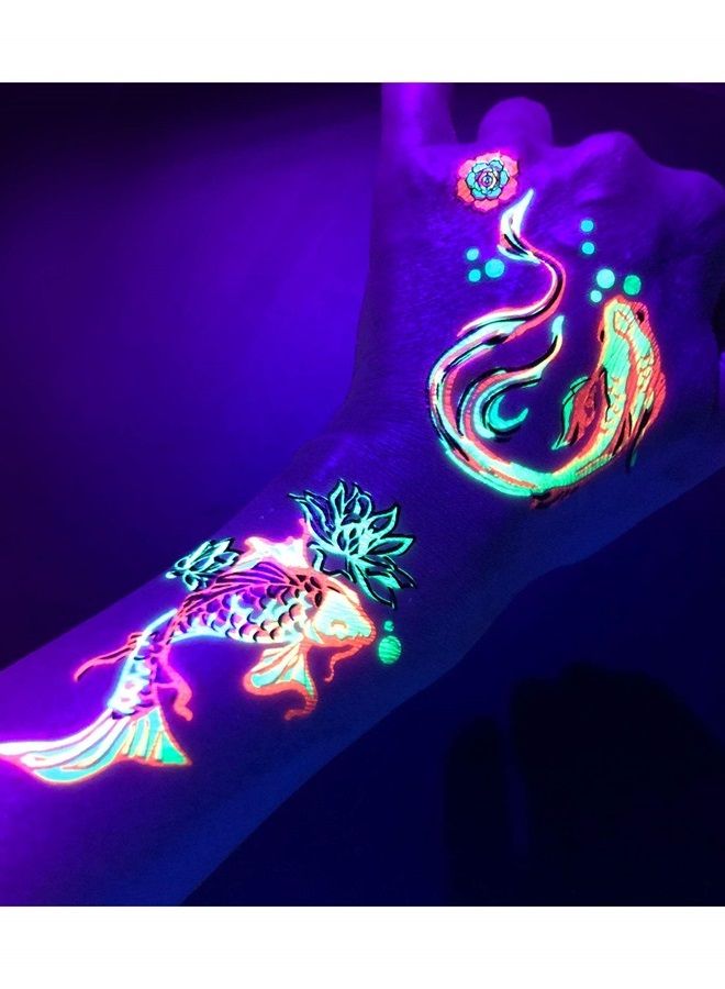 d'IRIS studio Blacklight Temporary Tattoos – 1 Sheet Koi Fish Design Body Art | Festival Accessories Glow Party Supplies | 7.2” x 5.2” UV Reactive Temp Tattoos Great for EDM EDC Party Rave Parties - Image 3
