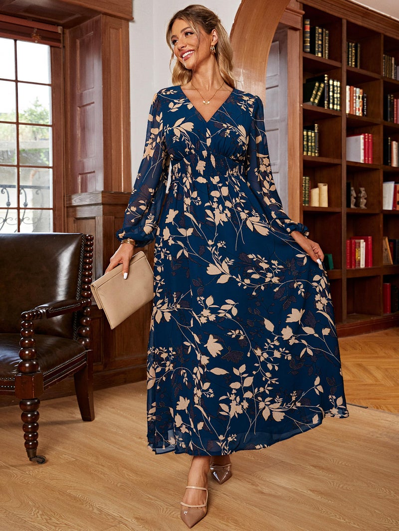 Simplee Apparel Simplee Womens Casual Boho Floral Maxi Dress V Neck Long Sleeve Wedding Guest Dress Flowy Holiday Beach Empire Waist Long Dresses (Large Blue Leaf) - Image 3