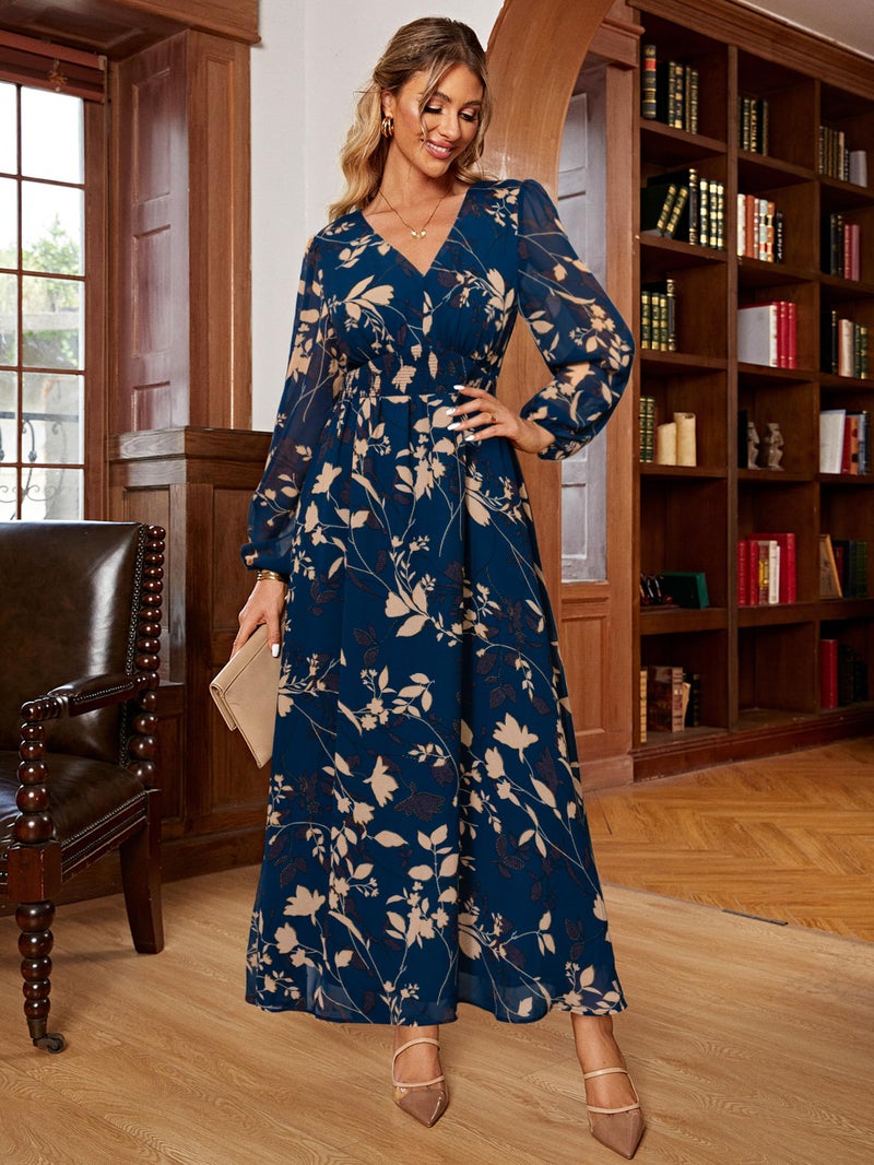 Simplee Apparel Simplee Womens Casual Boho Floral Maxi Dress V Neck Long Sleeve Wedding Guest Dress Flowy Holiday Beach Empire Waist Long Dresses (Large Blue Leaf) - Image 2