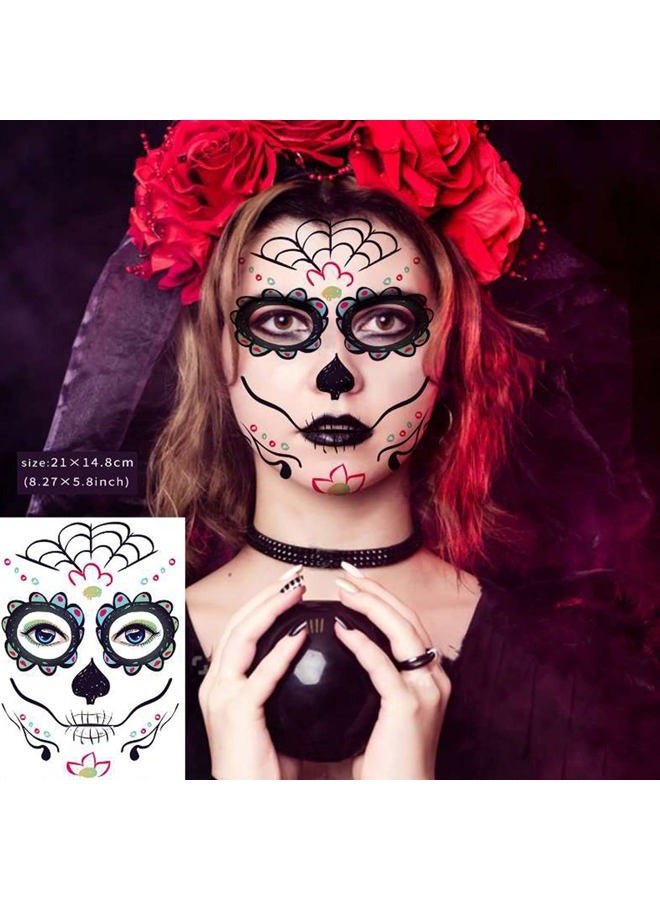 Zomme 20 ورقة من وشم وجه جمجمة السكر لعيد الموتى، بما في ذلك 8 ورقات كبيرة من وشوم الوجه المؤقتة لعيد الهالوين، وشوم وجه جمجمة السكر لعيد الهالوين - Image 2