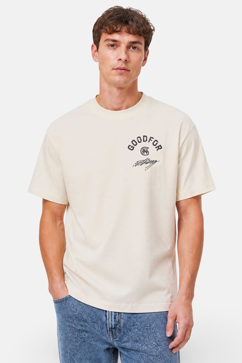 GOOD FOR NOTHING Men Crew Neck Short Sleeve Brand Logo T-Shirt, Off White - Image 1