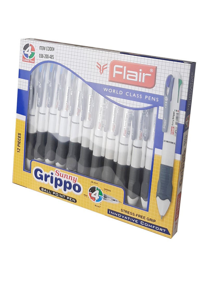 Flair قلم سني جريبو ذو سن كروي 4 ألوان في قلم واحد، مجموعة من 12 قطعة - Image 1