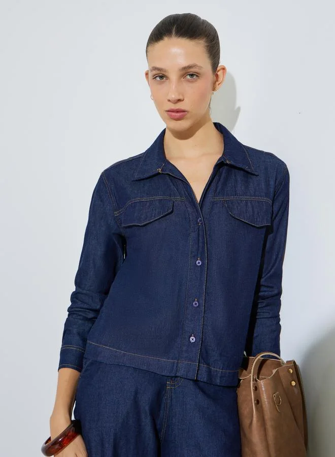 Styli Blue Cotton Denim Shirt and Wide Leg Trousers Co-Ord Set