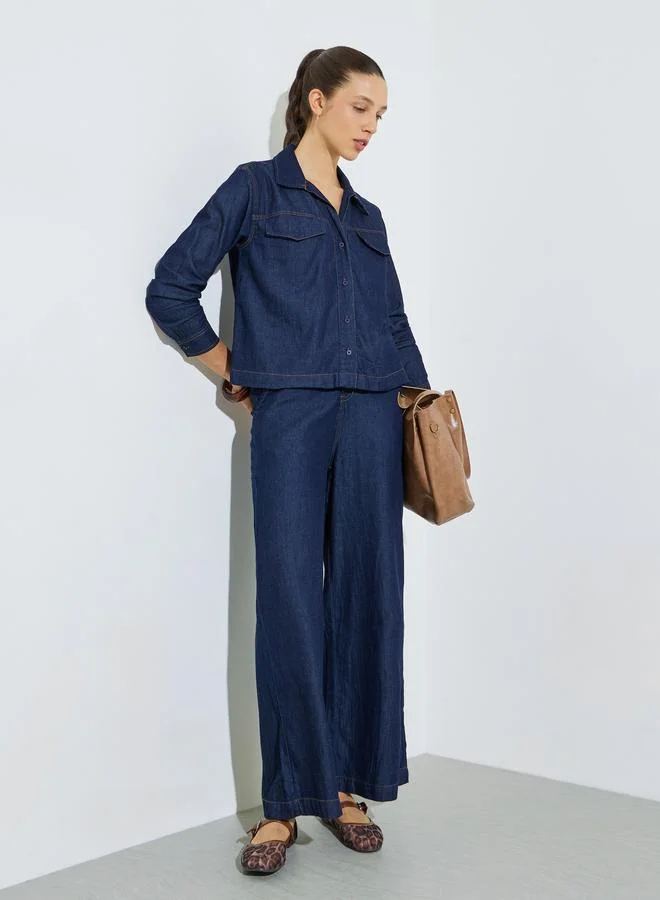 Styli Blue Cotton Denim Shirt and Wide Leg Trousers Co-Ord Set