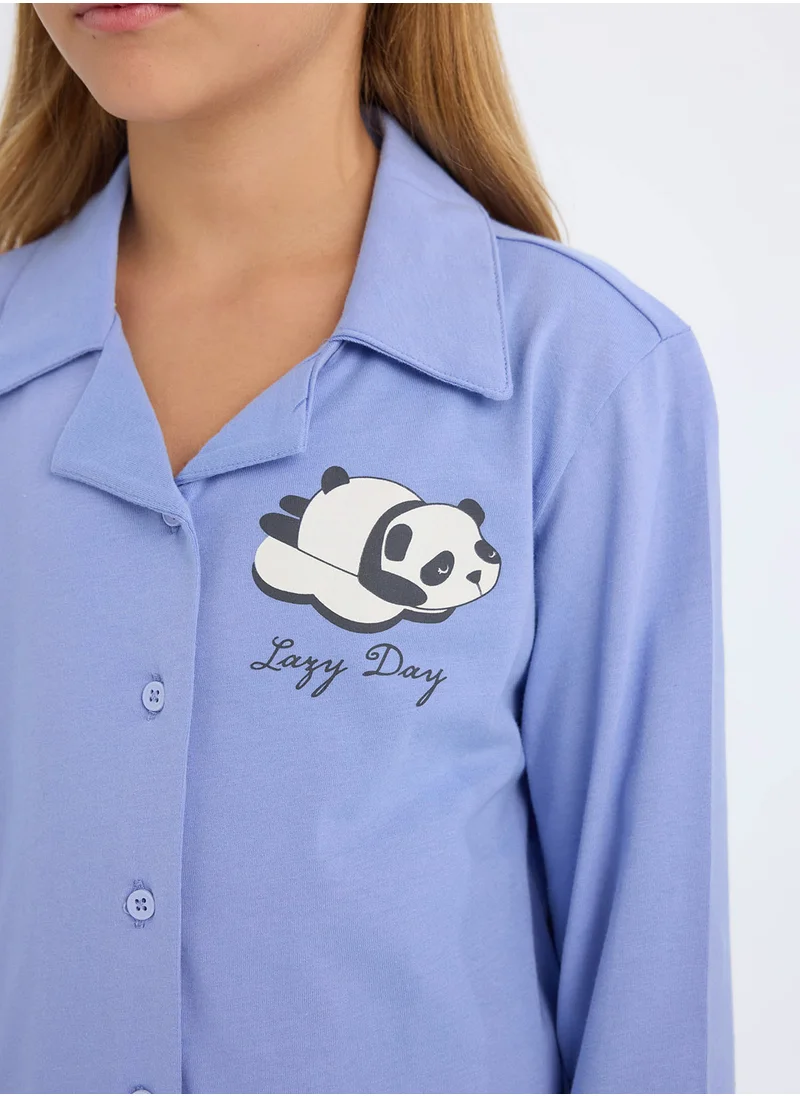 ديفاكتو Regular Fit Bear Print Long Sleeve Top And Bottom Pajama Set