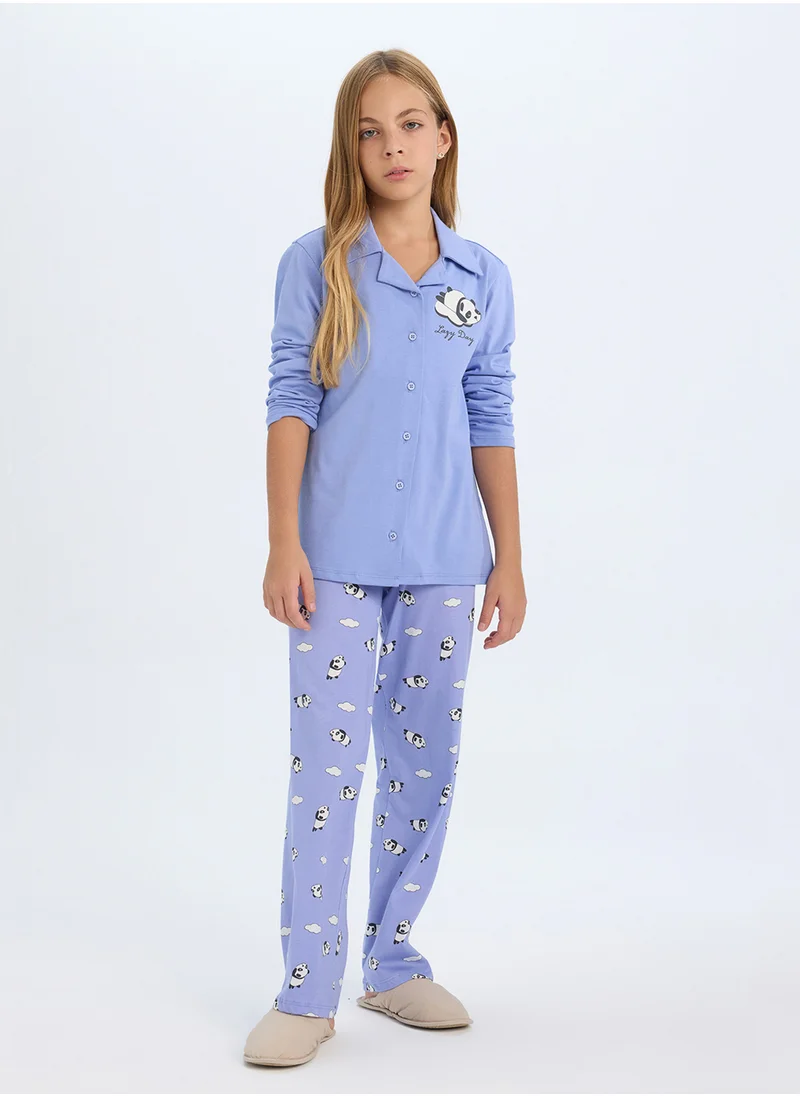 ديفاكتو Regular Fit Bear Print Long Sleeve Top And Bottom Pajama Set