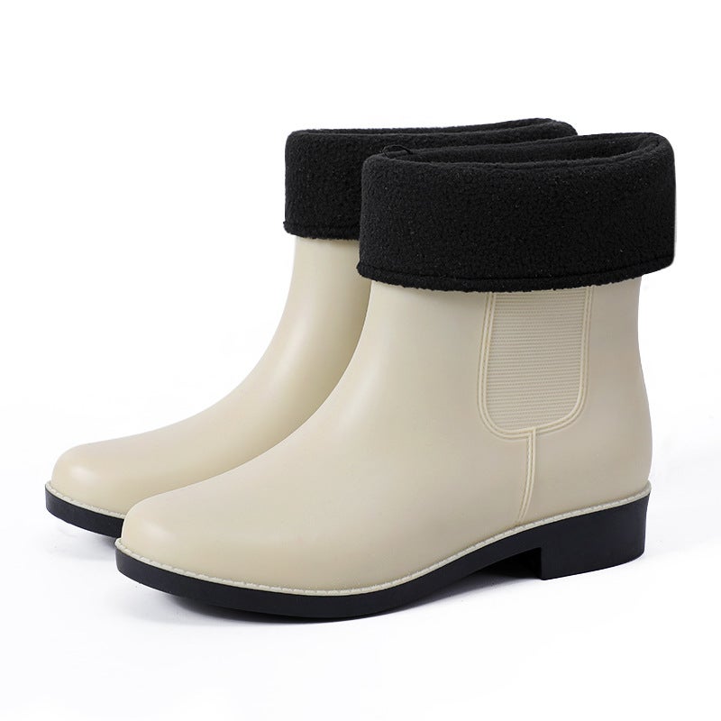 Fashion Korean Short Rain Boots for Women Khaki (Velvet)