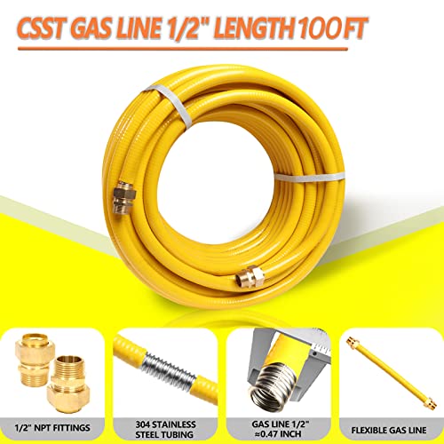 Grehitk 100ft 1/2'' Flexible Gas Line, CSST Corrugated Stainless Steel Tubing Pipe Kit, Natural Gas Line Propane Pipe Conversion Kit Grill Hose with 2 Male Adapter Fittings (100ft 1/2'') - Image 2