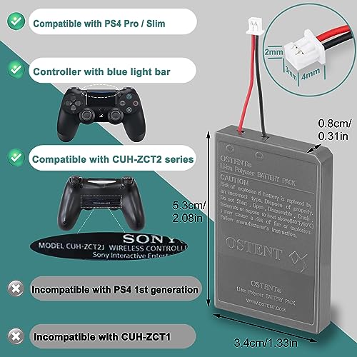 OSTENT 1000mAh 3.65V 3.7Wh Rechargeable Li-ion Battery Pack Replacement for Sony PS4 Pro/Slim CUH-ZCT2 Series Bluetooth Wireless Dual Shock Controller Second Generation New Version Small Connector - Image 4