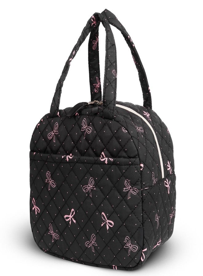 WOBAGMEN Quilted Lunch Box for Women,Insulated Cute Reusable Lunch Bag with Front Pocket,Pink Flower Stylish Lunch Tote Bag for Work, Office,Picnic, Travel,School (black bow polka dots) - Image 1