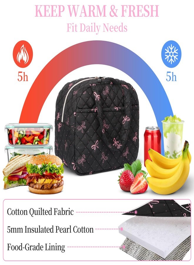 WOBAGMEN Quilted Lunch Box for Women,Insulated Cute Reusable Lunch Bag with Front Pocket,Pink Flower Stylish Lunch Tote Bag for Work, Office,Picnic, Travel,School (black bow polka dots) - Image 5