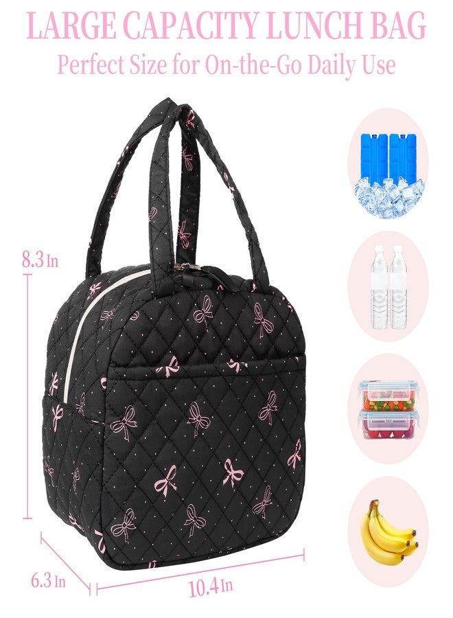 WOBAGMEN Quilted Lunch Box for Women,Insulated Cute Reusable Lunch Bag with Front Pocket,Pink Flower Stylish Lunch Tote Bag for Work, Office,Picnic, Travel,School (black bow polka dots) - Image 2