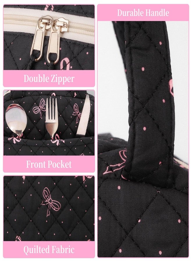 WOBAGMEN Quilted Lunch Box for Women,Insulated Cute Reusable Lunch Bag with Front Pocket,Pink Flower Stylish Lunch Tote Bag for Work, Office,Picnic, Travel,School (black bow polka dots) - Image 3