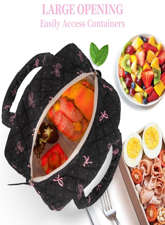 WOBAGMEN Quilted Lunch Box for Women,Insulated Cute Reusable Lunch Bag with Front Pocket,Pink Flower Stylish Lunch Tote Bag for Work, Office,Picnic, Travel,School (black bow polka dots) - Image 4