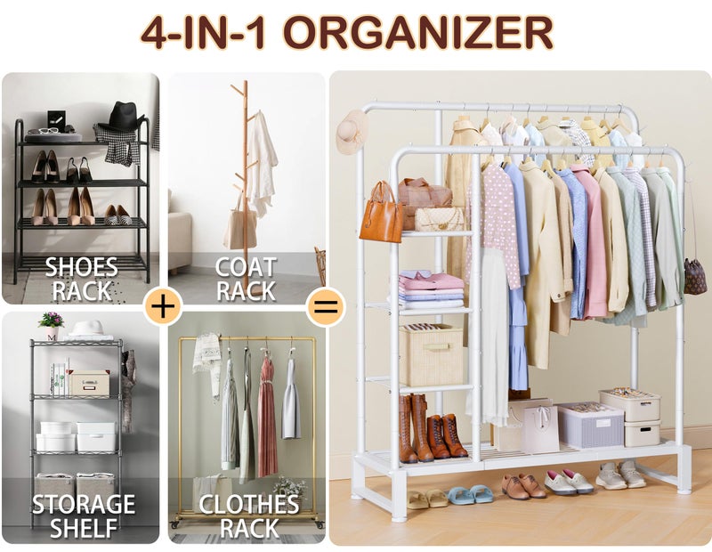 HOMIDEC Double Rods Clothes Rack Clothing Rack with 4 Tier Storage Shelves Clothes Rack for Hanging Clothes Multifunctional Heavy Duty Clothes Organizer with Hooks for Bedroom,Wardrobe Closet,Shop,White - Image 4