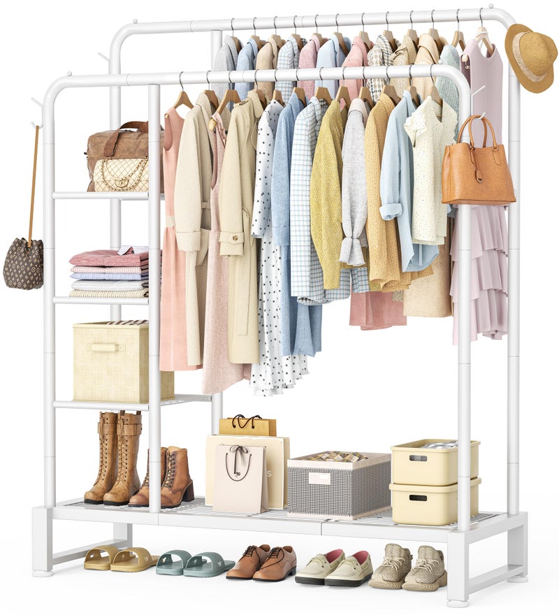 HOMIDEC Double Rods Clothes Rack Clothing Rack with 4 Tier Storage Shelves Clothes Rack for Hanging Clothes Multifunctional Heavy Duty Clothes Organizer with Hooks for Bedroom,Wardrobe Closet,Shop,White - Image 1
